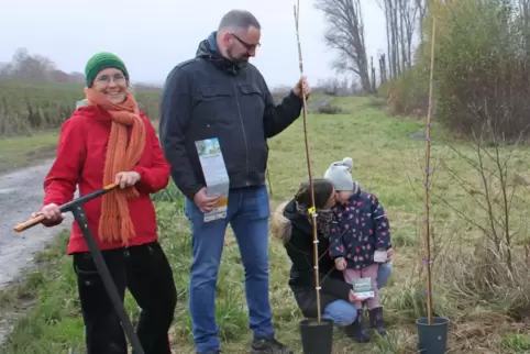 Beim Pflanzen: Franziska Ettner von der Ebertsheimer Bildungsinitiative mit dem Baumpaten Aaron Schindler sowie Thea und Kirsten