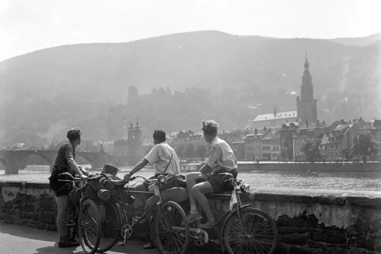Radfahrer machen an der Neuenheimer Landstraße Rast und genießen den Blick aufs Heidelberger Schloss.