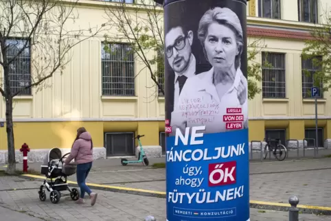 Auf diesem Plakat in Budapest verkündet die ungarische Regierung unter Fotos von EU-Kommissionspräsidentin Ursula von der Leyen 