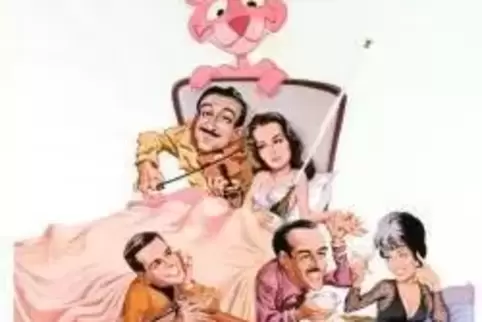 Filmplakat mit Zeichentrickfigur: „Der rosarote Panther“. 