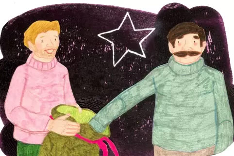 Der Kleine schenkt dem Papa einfach die Stricksocken wieder zurück, die der Papa ihm letztes Jahr geschenkt hat. Nachdem der Kle