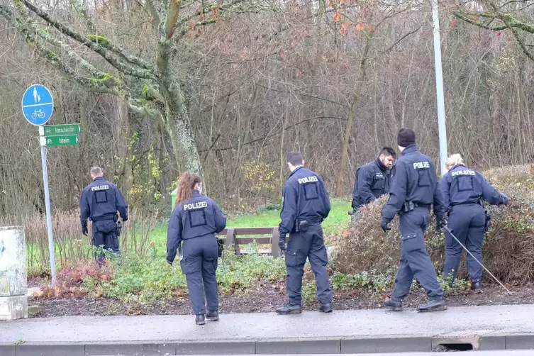 Erneut suchen Bereitschaftspolizisten das Gebiet um die Hornbachbr&uuml;cke in Bubenhausen ab.