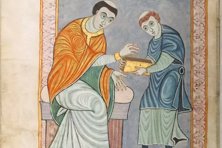 Abbildung aus dem Gero Codex, der vor 969 entstand: Mönch Anno übergibt dem Kölner Domherrn Gero ein Buch. 