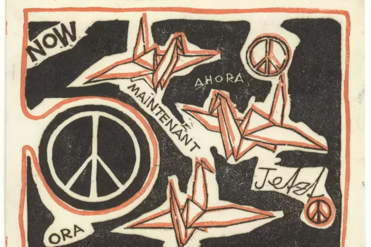 „Peace now“ fordert dieser Holzschnitt von Ernst Hacker 1969.
