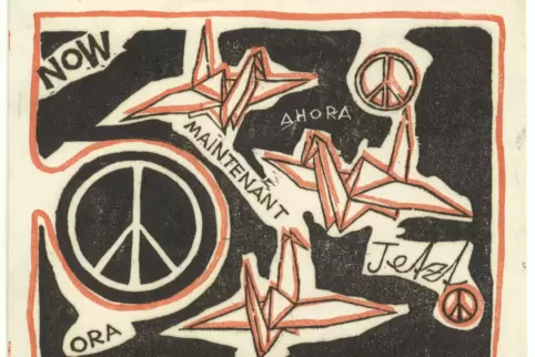 „Peace now“ fordert dieser Holzschnitt von Ernst Hacker 1969.