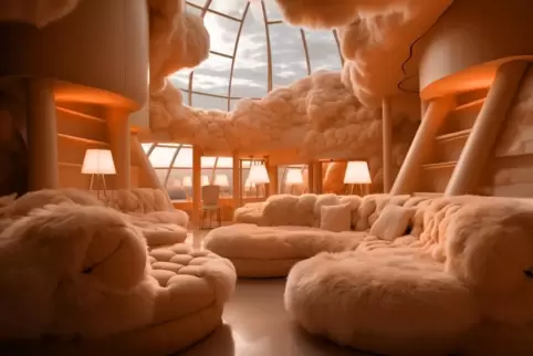 Pfirsichflaum oder verblasstes Orangerosa: Kuschelinterieur in der Farbe des Jahres Peach Fuzz. Pfirsichflaum oder verblasstes Orangerosa: Kuschelinterieur in der Farbe des Jahres Peach Fuzz.