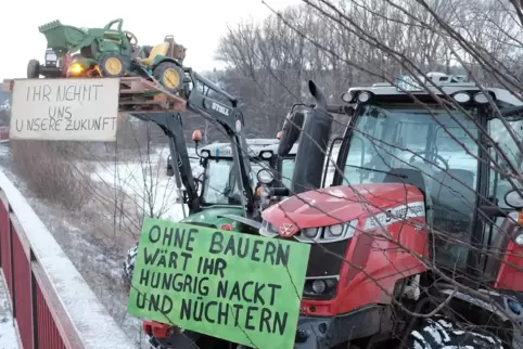 Keine Reden gab es während des Mahnfeuers der Landwirte. Stattdessen waren viele Traktoren mit Plakaten geschmückt.