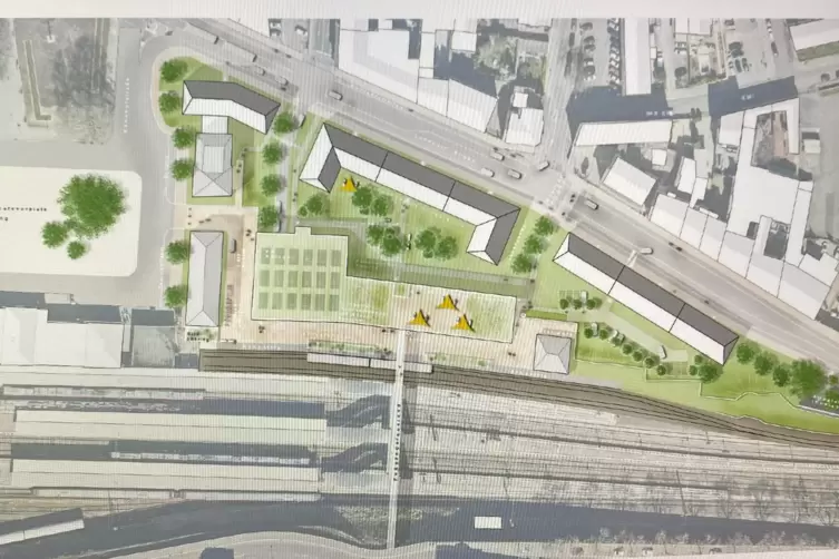 Bislang nur eine Vision: wie die Fl&auml;che bebaut werden k&ouml;nnte. In der Mitte entlang der Bahngleise das m&ouml;gliche Parkhaus. 