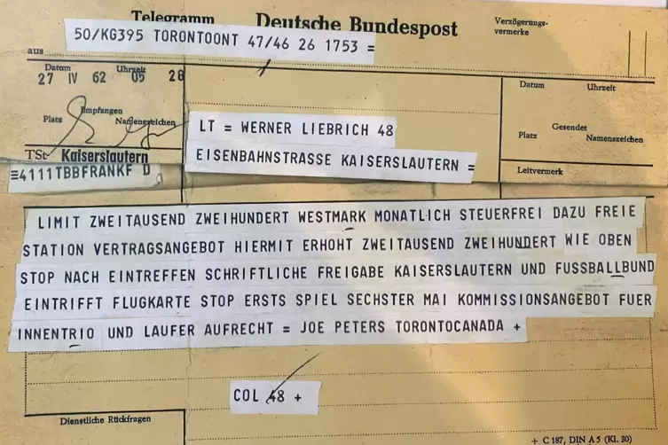 Das Telegramm des Toronto Italia FC vom 27. April 1962 an Werner Liebrich mit dem verlockenden Angebot.
