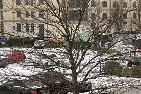 Genau hinschauen: Hinterm Baum fährt ein Müllauto. 