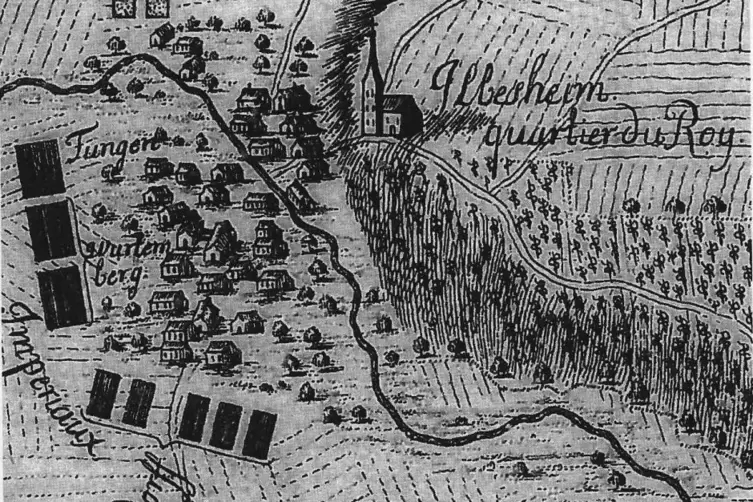 Der historische Plan zeigt das Dorf Ilbesheim.