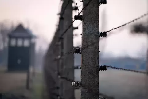 Stacheldrahtzäune und ein Wachtturm des früheren Vernichtungslagers Auschwitz. 