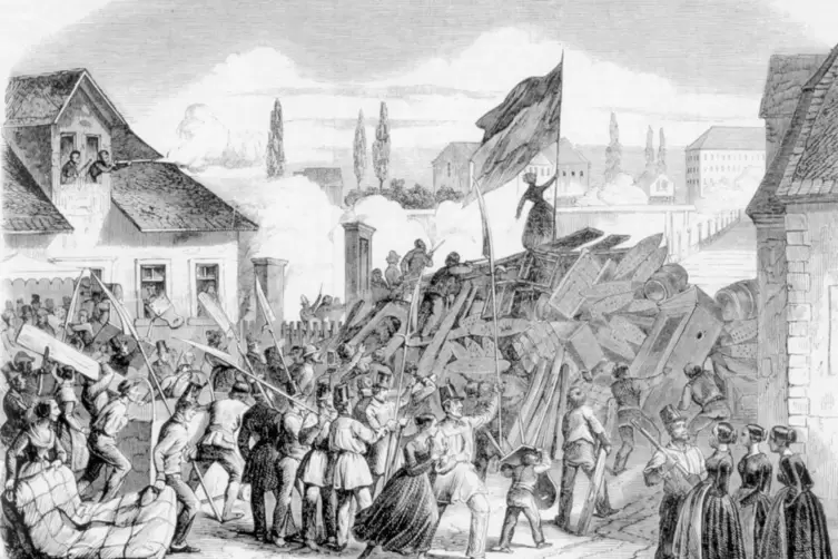 Revolution 1848: Am 26. April 1848 blockieren Barrikaden die Rheinbrücke von Mannheim nach Ludwigshafen.