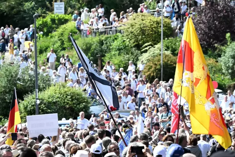 Aufzug der „Weißen“ während des ersten Neustadter Demokratiefestes Ende Mai 2022: Dabei wurde auch eine Fahne des Königreichs Pr
