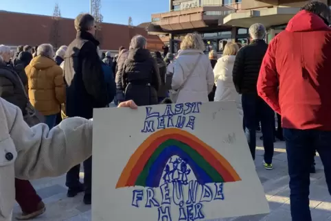 Einige Mutterstadter kamen mit selbstgemachten Plakaten mit eindeutigen Botschaften zur Mahnwache. 