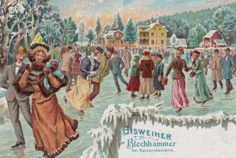 Die gezeichnete Ansichtskarte aus dem Jahr 1912 zeigt Schlittschuhläufer auf dem Blechhammerweiher. Die Herren tragen Anzüge und