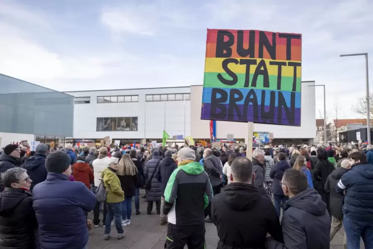 „Bunt statt Braun“ war auf einem Plakat zu lesen, das von den Teilnehmern in der Menge hochgehalten wurde. Auch eine Landtagsabg