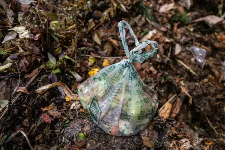 Eine Plastiktüte in einem Kompostwerk auf einem Berg mit Biomüll aus Haushalten. 