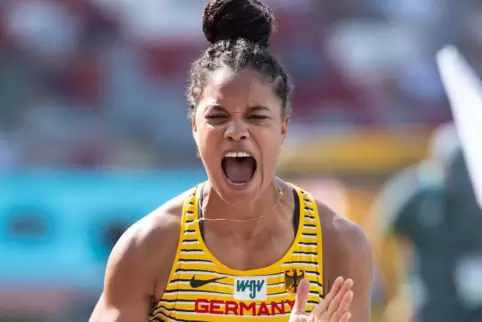 Yemisi Ogunleye bei der WM im Sommer 2023. Holt sie ihren ersten deutschen Meistertitel? 