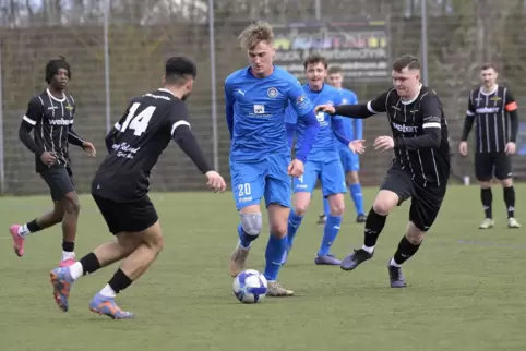 Laufbereitschaft: Schifferstadts Tim Demele (am Ball) wird von Fußgönheims Behazad Rezaei (links) und Jason Springer (rechts) at
