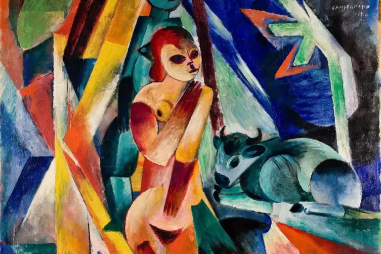 Heinrich Campendonks &bdquo;Landschaft mit zwei Akten und Kuh&ldquo; aus dem Jahr 1914.