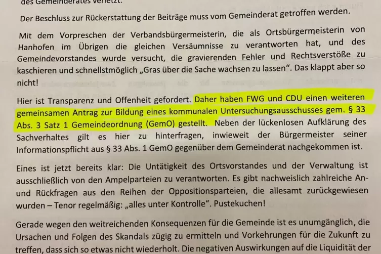 Pressemitteilung von CDU und FWG: Darin ist die Rede von einem „kommunalen Untersuchungsausschuss“ (gelb markierter Bereich). 