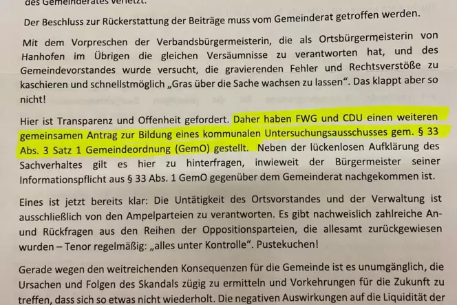 Pressemitteilung von CDU und FWG: Darin ist die Rede von einem »kommunalen Untersuchungsausschuss« (gelb markierter Bereich).