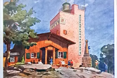 Diese Karte hat der Kalmit-Meteorologe Erich Eisfeld 1930 verschickt. Sie zeigt den 1929 erbauten (heutigen) Turm, die Schutzhüt