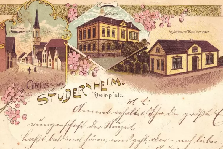 Die Lithographiekarte aus dem Jahr 1898 zeigt die wichtigsten Gebäude im Dorf: die Kirche, das Schulhaus (Mitte) und die Gasthäu