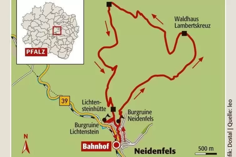 Rundwanderung ab Neidenfels: 13 Kilometer, 388 Höhenmeter.