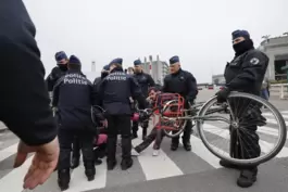 Die Polizei hält zwei Demonstranten einer Greenpeace Protest-Aktion vor dem Kernenergie-Gipfel auf der Expo in Brüssel fest. 