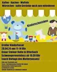 Großer Kinderbasar am 28.4 von 11-14 Uhr (Schwangereneinlass ab 10:30 Uhr) in der Oskar Steiner Halle in Otterbach. Kaffee Kuche