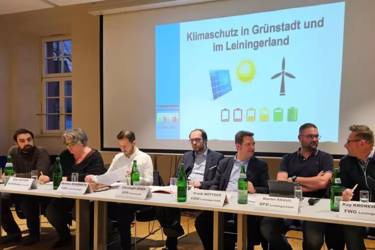 Diskussionsabend zum Thema Klimaschutz, am Podium, von links: Daniel Engel, Elke Vetter, Mimmo Scarmato, Christoph Spies, Frank 