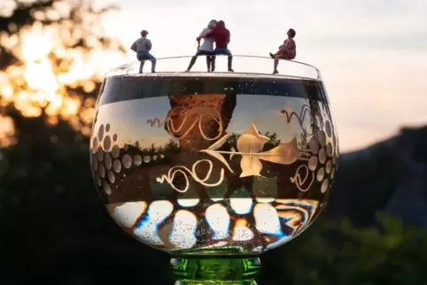 „Winetime" heißt dieses Bild, aufgenommen vor Jahren gegenüber des Trifels Annweiler. Die Spiegelung im Glas zeigt Anebos. 