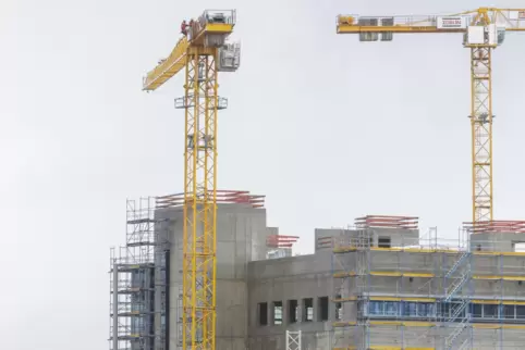 56 Meter hoch und vom Wind gebeutelt: Baukran 1, auf dem die Kaiserslauterer Höhenretter den Ernstfall üben. 