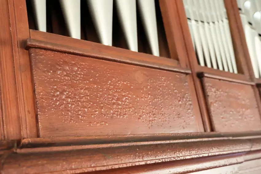 Hitze-Blasen auf dem Holz: Orgel-Gehäuse auf der Empore.