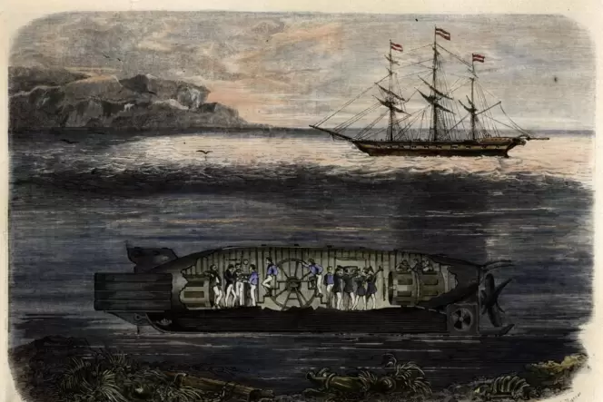 Das für Russland gebaute Tauchschiff »Seeteufel«: Bei einer Fahrt im Sommer 1856 nahm Wilhelm Bauer vier Trompeter mit an Bord –