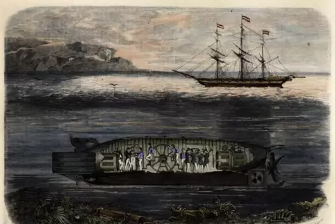 Das für Russland gebaute Tauchschiff „Seeteufel“: Bei einer Fahrt im Sommer 1856 nahm Wilhelm Bauer vier Trompeter mit an Bord –