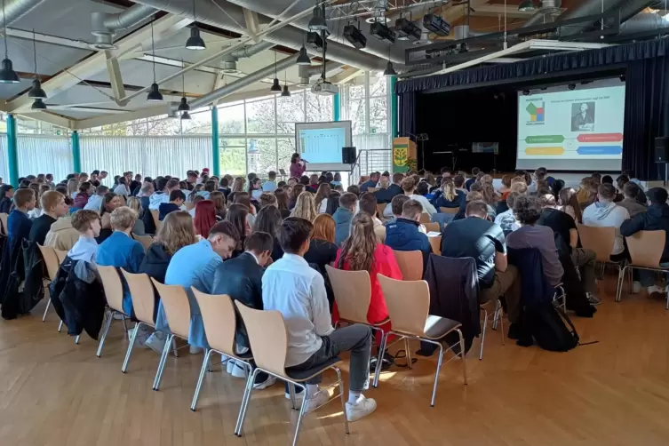 Rund 200 Schülerinnen und Schüler mit Lehrkräften in der Festhalle Winnweiler beim Lösen von Rechenaufgaben (Quizeinlage innerha