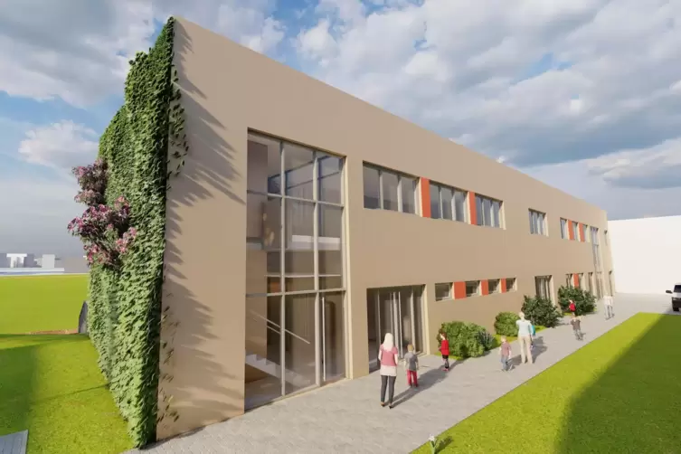 Die m&ouml;gliche Ansicht des Neubaus zum Schulgeb&auml;ude hin. Auch eine Fassadenbegr&uuml;nung ist m&ouml;glich. 