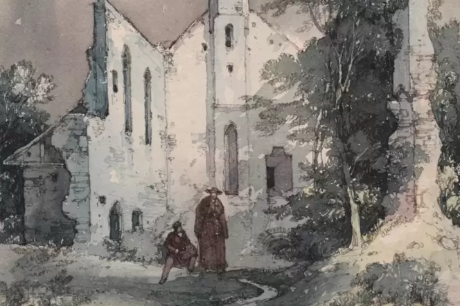 Aquarellvorlage zur Ansicht des Klosters Rosenthal, die der Künstler Theodor Verhas 1839 für das Buchprojekt des Neustadter Verl
