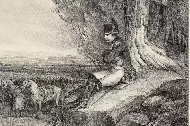 Historischer Druck: Napoleon I. sinniert zu Füßen eines Baum.