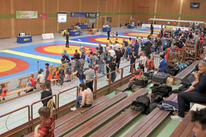 Auf fünf Matten kämpften die jungen Ringer aus drei Nationen in der Pirmasenser Kirchberghalle.
