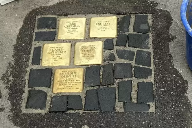 Frisch verlegt: die fünf Stolpersteine für ehemalige jüdische Schülerinnen vor dem Käthe-Kollwitz-Gymnasium.