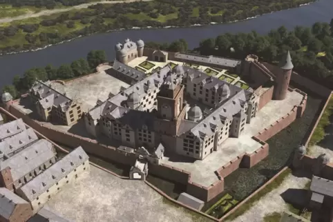 Das ehemalige Saarbrücker Renaissance-Schloss. Rechts im nachkonstruierten Bild steht der Rote Turm. 
