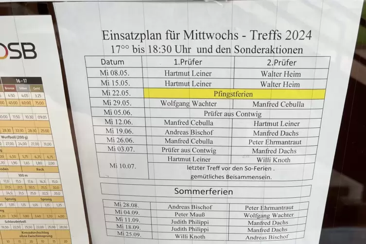 Die Termine 2024 f&uuml;r die Mittwochstreffs und die Sonderaktionen zum Erwerb des Deutschen Sportabzeichens h&auml;ngen auch im Westpfal