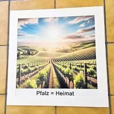 mit KI erstelltes farbenfrohes Bild mit Text »Pfalz = Heimat« mit Schattenfugen Passepartout und Naturholzrahmen. (Fehlt auf dem
