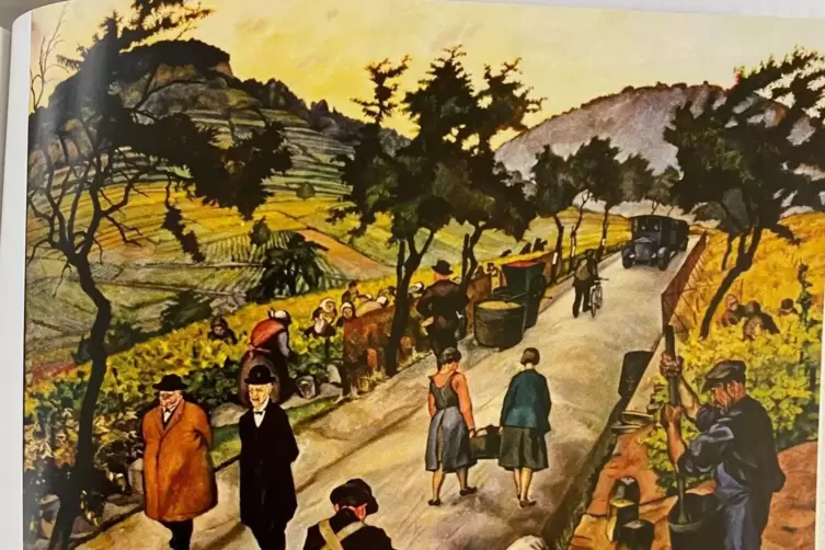 Weinlese an der Gimmeldinger Stra&szlig;e, 1929 (links Weingutsbesitzer Daniel Hauck und Pfarrer Ernst Bilfinger spazieren nach Neusta