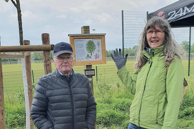 Walter Fischer und Anette Winter vor einer der Infotafeln am Spazierweg »Baum des Jahres«.
