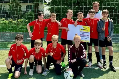 Stolz auf Platz drei: die Fußballer des Helmholtz-Gymnasiums im Schulsportwettbewerb „Jugend trainiert für Olympia“. Es spielten Stolz auf Platz drei: die Fußballer des Helmholtz-Gymnasiums im Schulsportwettbewerb „Jugend trainiert für Olympia“. Es spielten